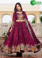 Wine Color Embroidered, Sequins, Thread and Zari Work Vichitra Silk Readymade Lehenga Choli